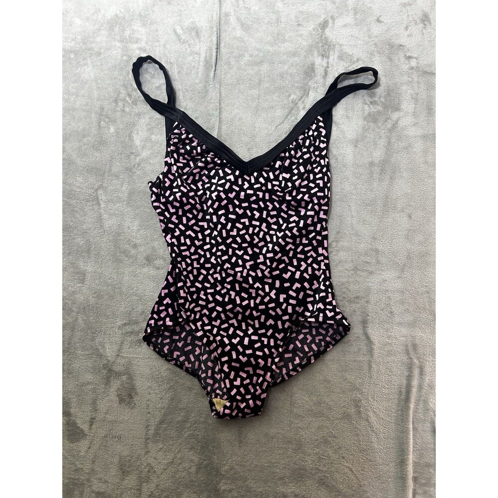 Vintage Penbrooke One Piece Swimsuit Womens 12 Black Pink Geometric Print Retro
